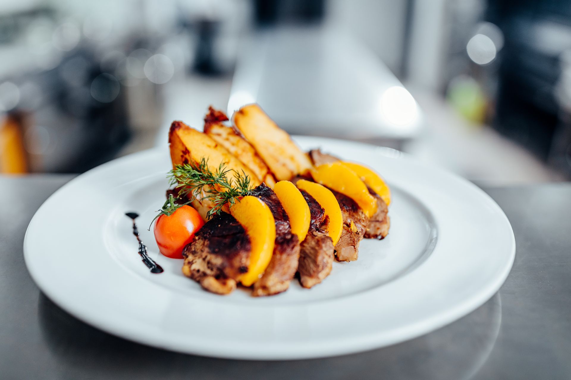 A plated dish in a restaurant kitchen